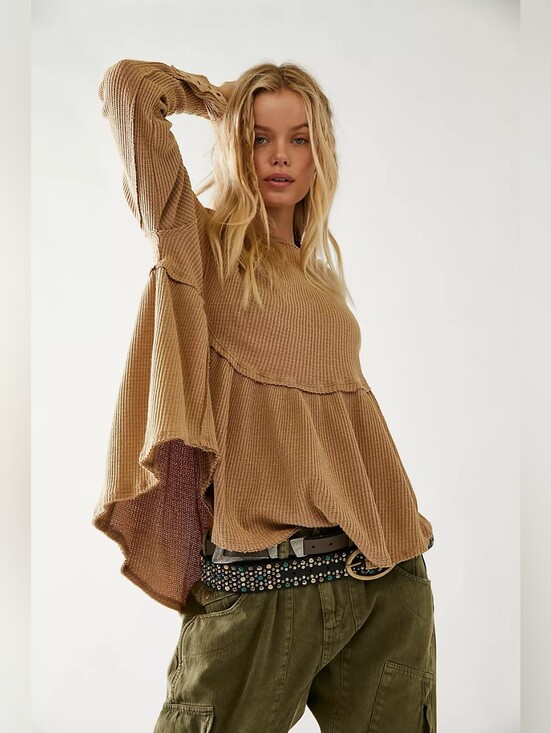 We The Free Tops - Free People We The Free Oh My Babydoll Thermal Waffle Top Brown Small
